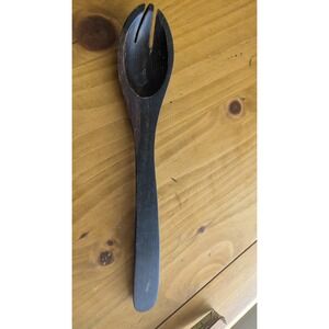 Vintage Dark Brown Hand Carved Wooden Salad Serving Fork 12.5 Inch Rustic Treen